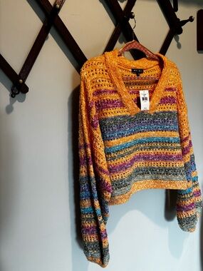 Blue Blush Mustard Multicolor Striped Open-Knit V-Neck Sweater